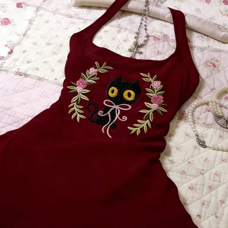 الأمريكية الرجعية هوتي بروتيل الأحمر غير النظامية سترة Kawaii القطط المطبوعة ضئيلة الدبابات المرأة الشارع موضة شيك القمم Ropa Mujer