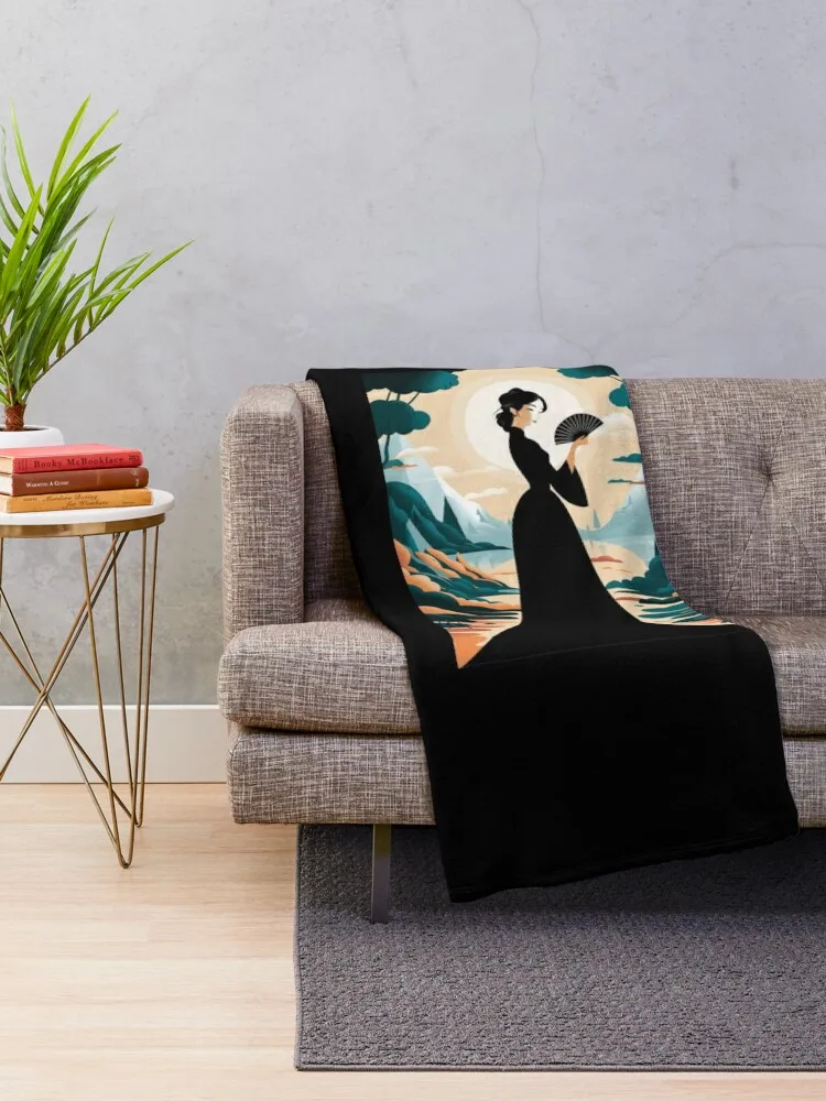 Black design of a woman wearing a long, charming, modest dress, holding a hand fan. Throw Blanket cosplay anime Moving Blankets