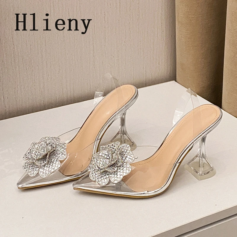 

Hlieny Spring Crystal Flower Women Pumps PVC Transparent Pointed Toe High Heels Elegant Wedding Party Prom Shoes Zapatos Mujer
