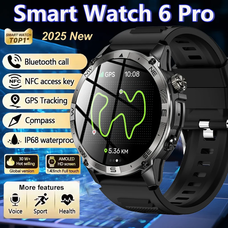 

2025 New Built-in GPS Smart Watch AMOLED 1.43 Inch NFC Heart Rate Blood Oxygen Monitor Bluetooth Call IP68 Men Sports Smartwatch