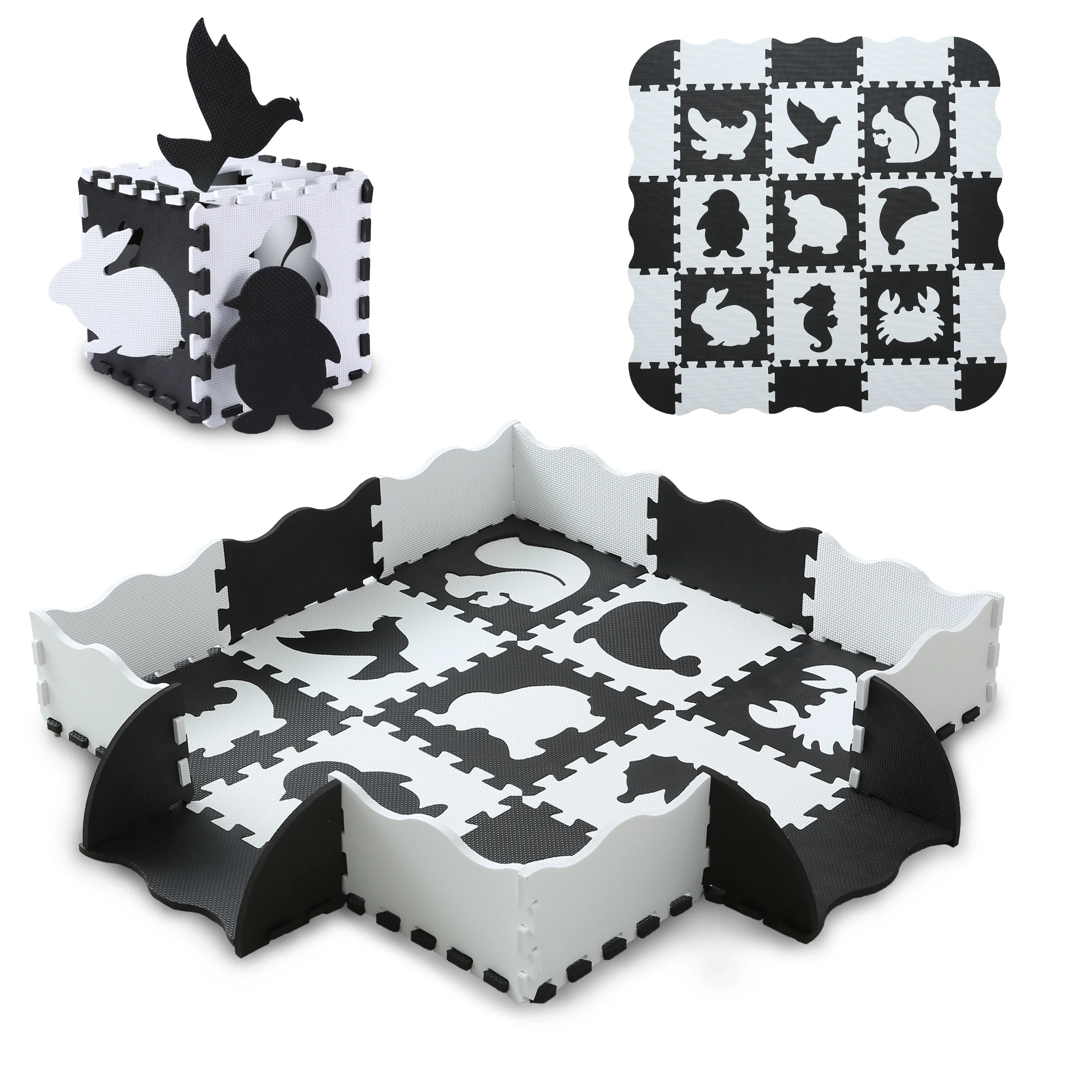 

25Pcs/set Square Interlocking Puzzle Floor Mat Black and White Animals Foam Play Mat with Fence for Kids