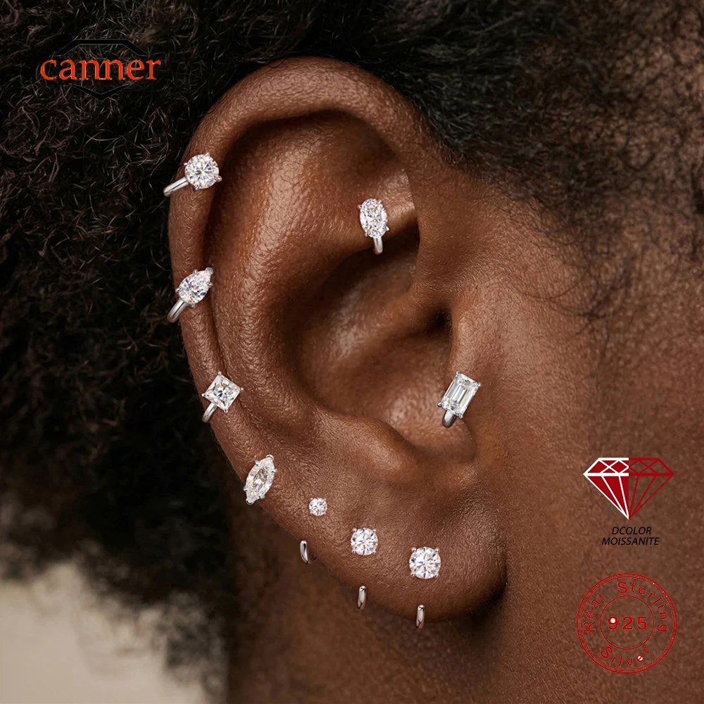 CANNER 1PC D Color VVS1 Geometric Moissanite 925 Sterling Silver Piercing Hoop Earrings Women Minimalist Dainty Daily Jewelry