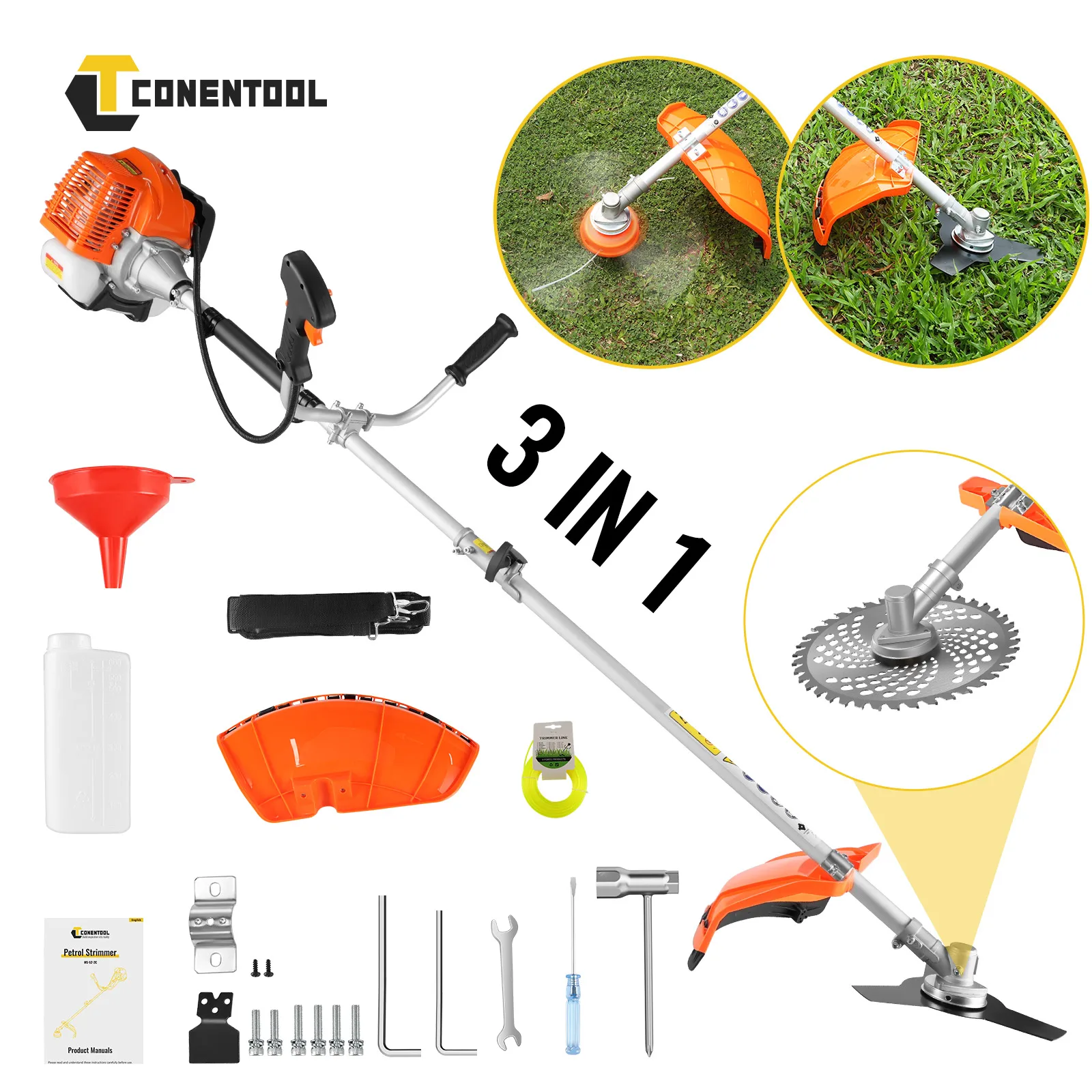 Débroussailleuse à essence 3-en-1 CONENTOOL 52cc, coupe-herbe puissant pour jardin, moteur 2 temps, outil de désherbage avec lame et fil