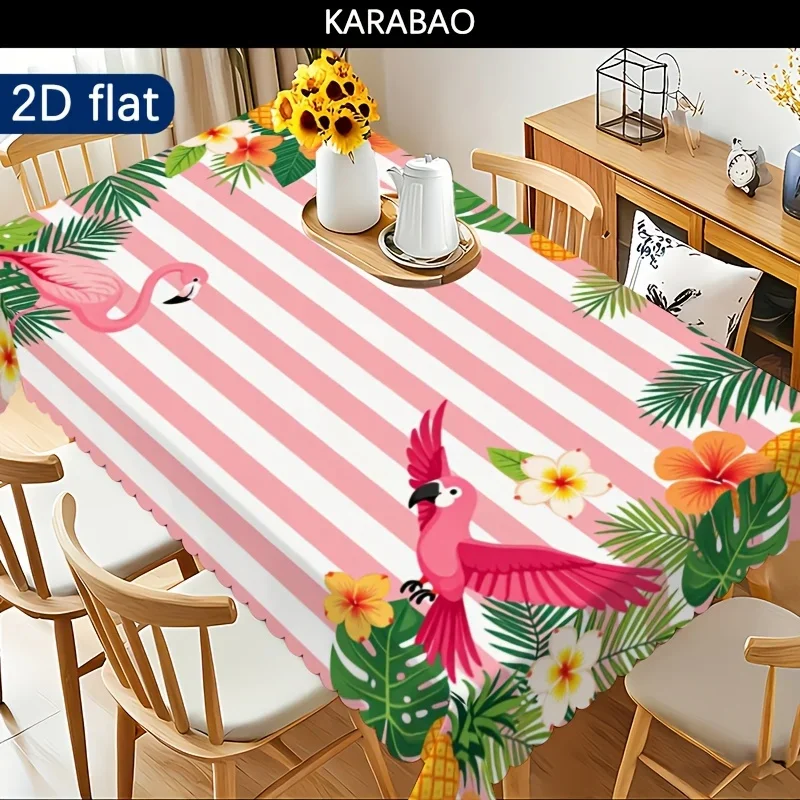 One tropical-themed tablecloth with pink stripes, parrot, flamingo, pineapple and leaf patternsxzj