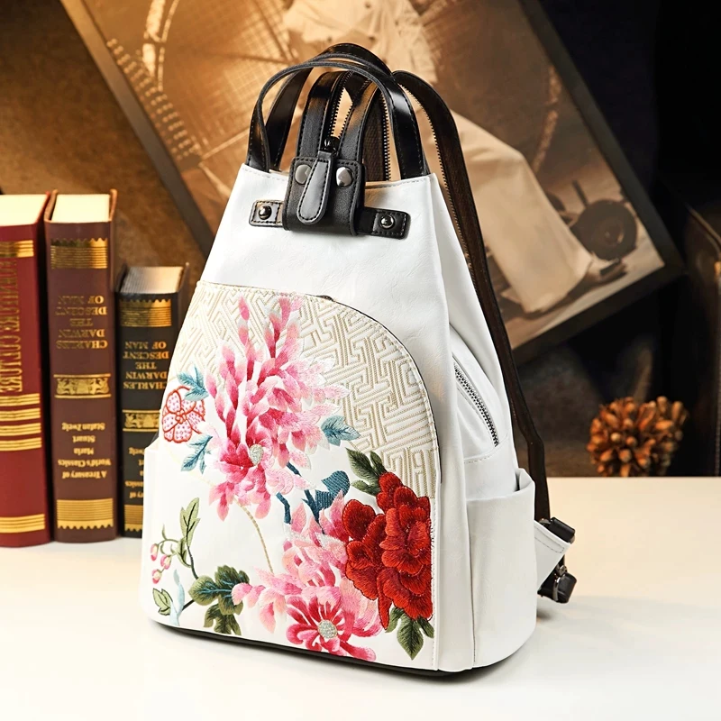 Ethnic Style Fashionable Genuine Leather Double-shoulder Single-shoulder Handbag Multi-functional Embroidered Floral Backpack