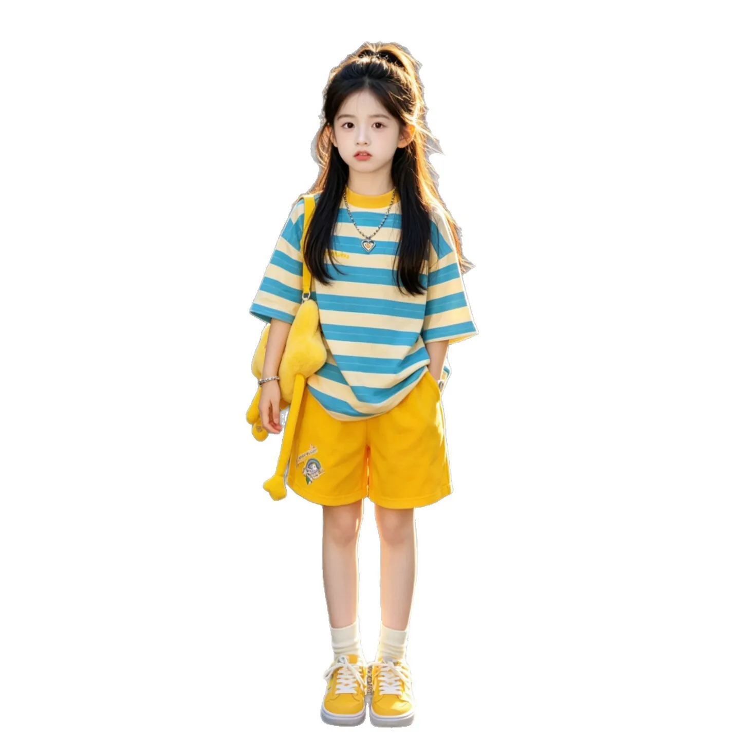 2026 Summer Girls Clothes Child Set Short Sleeve Suit O-Neck Teen Striped T Shirt Top + Shorts Yellow Pants 4 8 10 12 14 Years
