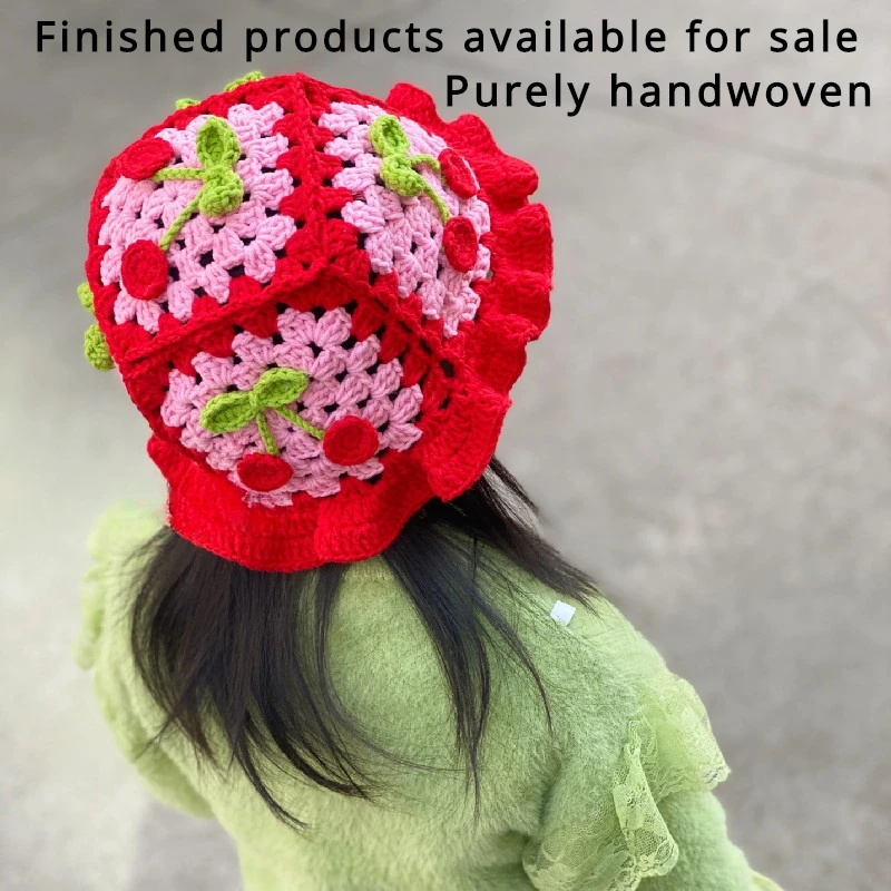 Checkered cherry hat splicing parent-child lace couple handmade DIY gift, material package, finished product for sale