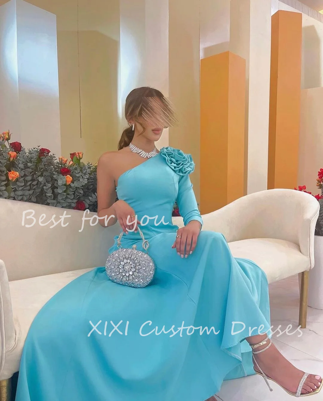Xixi a-line ein schulter ige boden lange handgemachte blumen party kleider abendkleider elegante party kleider für frauen hochzeit