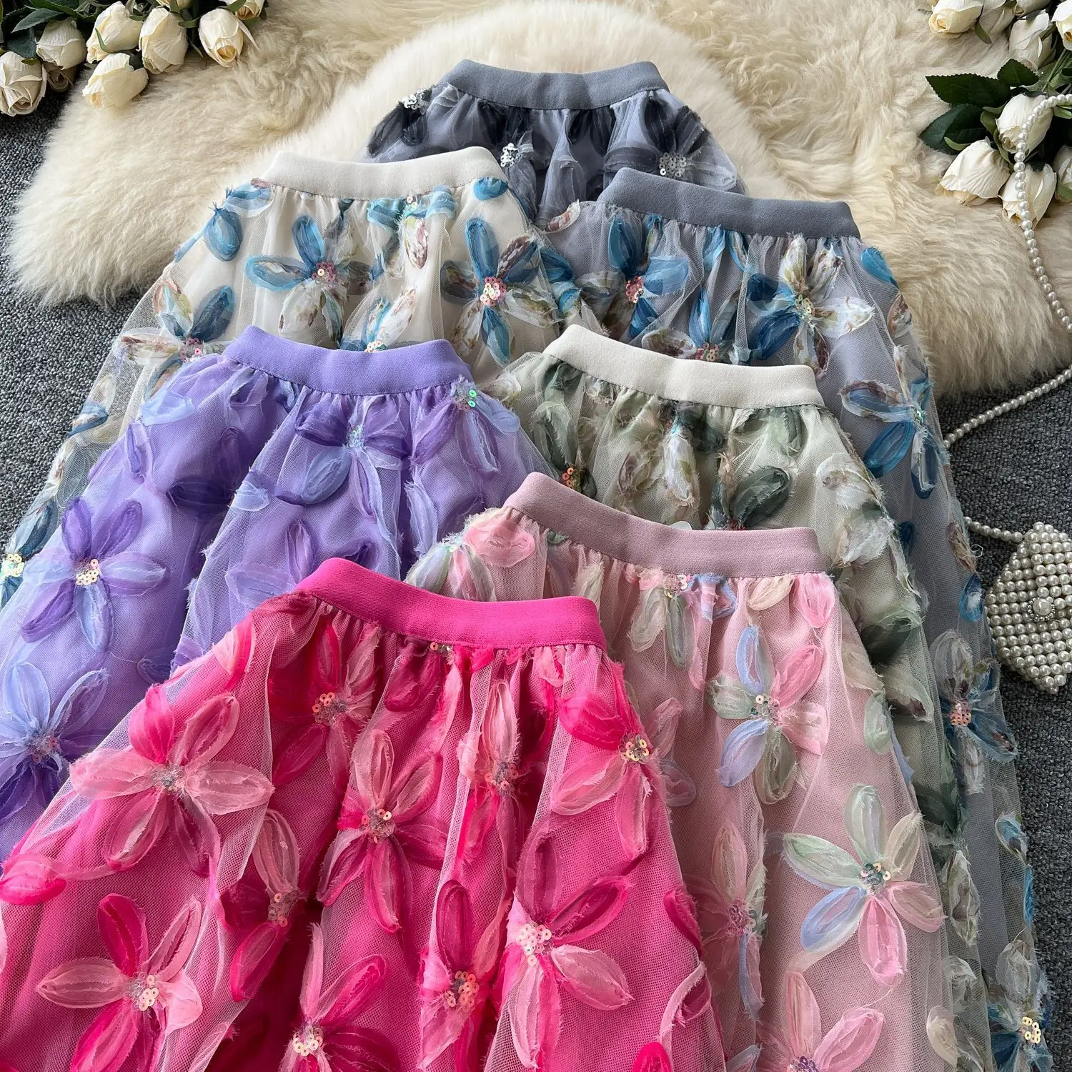 Autumn Winter Flower Embroidery Sequin Mesh Midi Skirts Women 2026 Korean Style Fashion Elegant High Waist Faldas