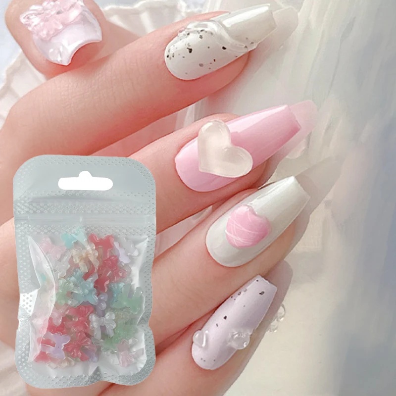 30 Pcs Colorful Jelly Clear Bow Nail Decorations 3D Resin Cute Bowkont Nail Art Charms Gems DIY Manicure Rhinestones