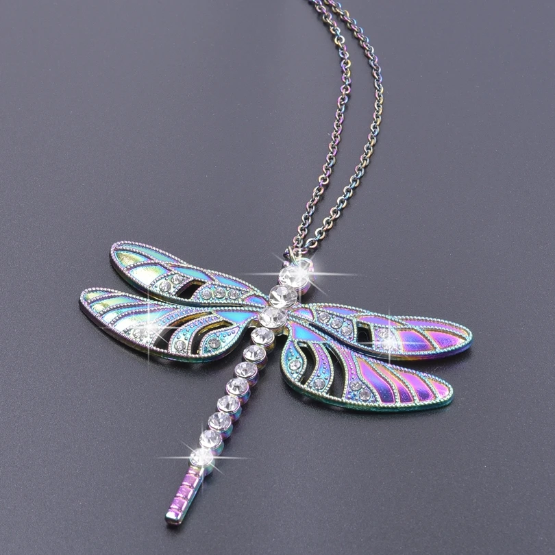 Fashion Large Dragonfly Wings Rhinestone Rainbow Charms Necklace for Women  Collar Alloy Pendant Stainless Steel Chains Jewelry