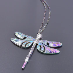 Fashion Large Dragonfly Wings Rhinestone Rainbow Charms Necklace for Women  Collar Alloy Pendant Stainless Steel Chains Jewelry