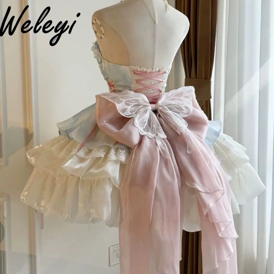 Sweet Lolita Princess Mini Dress Women Party Summer Kawaii Girl Y2k Vintage Victorian Bow Lace Ruffles Sleeveless Short Dresses