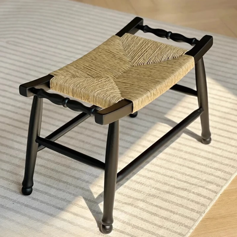

Solid Wood Multifunctional Entryway Bench Japanese Handwoven Seat Living Room Bedroom Low Stool Sturdy Honme Step Stools