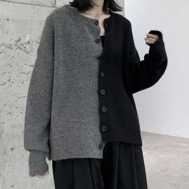 HKSH Autumn Winter New Women Tide Spliced Asymmetric Sweaters Trendy Niche Chic Casual O-Neck Knitted Cardigan Coats Ins HK12648