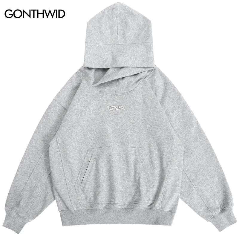 

Hip Hop Ninja Hoodie Streetwear Embroidery Solid Color Turtleneck Hooded Sweatshirt 2023 Men Harajuku Punk Gothic Pullover Black