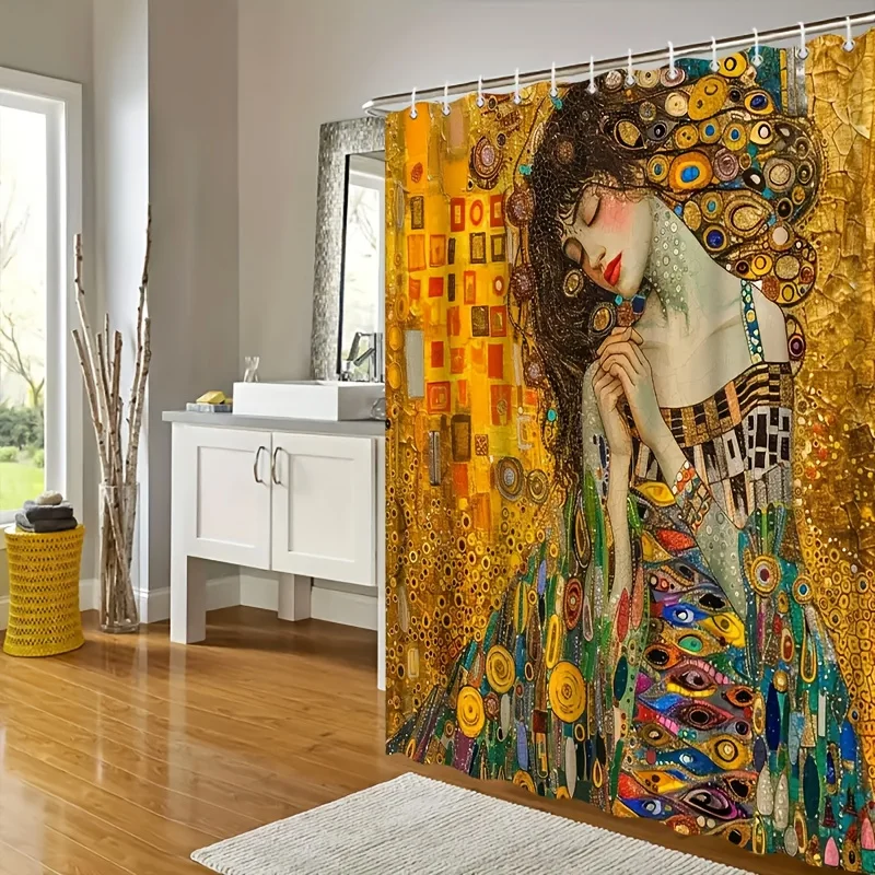 1pc Art Nouveau Theme Style Shower Curtain, Feminine Figure, Golden As The Base, Interspersed with Geometric Color Blocks And Cu