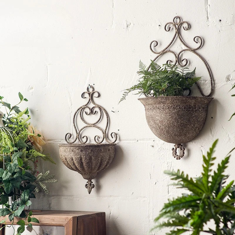 basket outdoor background wall decoration garden wrought iron pot shop wall green plant  utensils