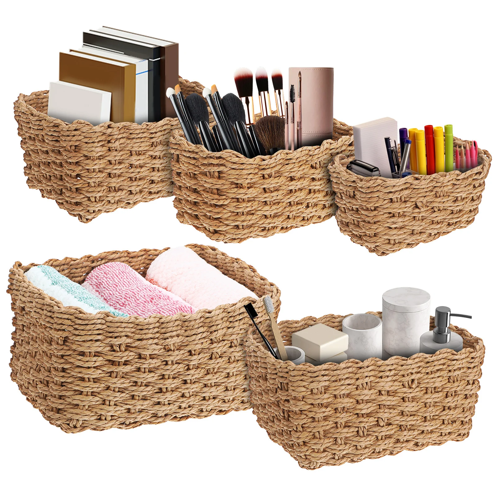 

5Pcs Handwoven Storage Baskets Seagrass Desktop Organizer Multipurpose Nesting Storage Box Living Room Bedroom Shelf Organizer