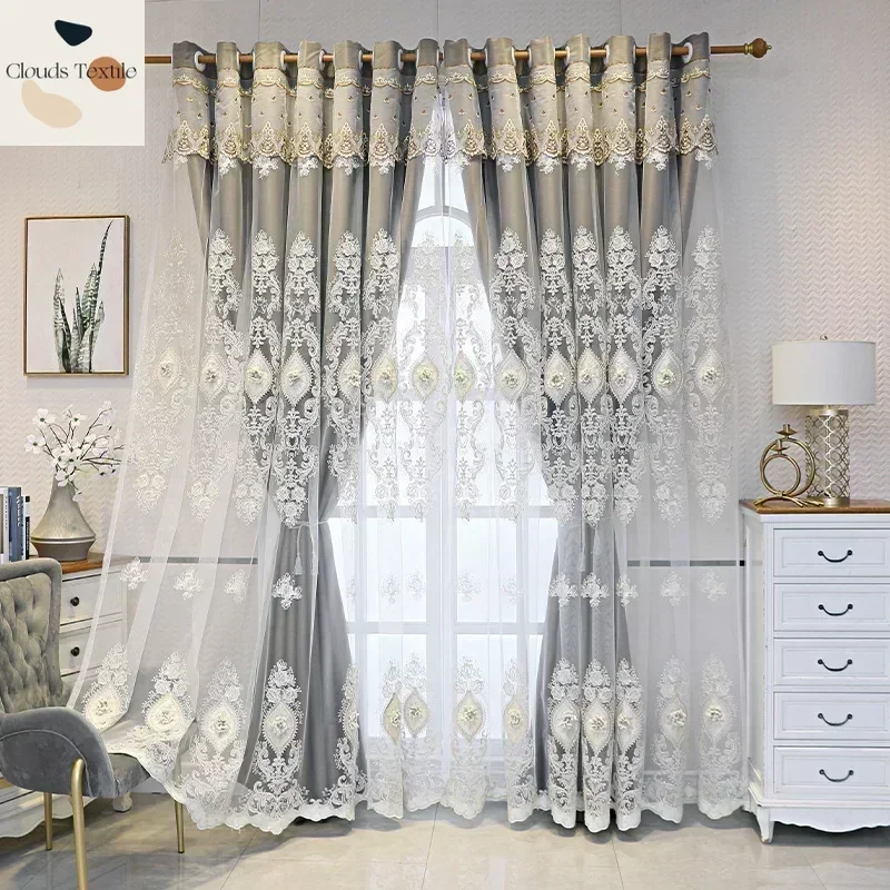 

Double-Layer Curtains for Living Room Bedroom Dining European Style Curtain New Pink Cloth Yarn Relief Embroidery Customize