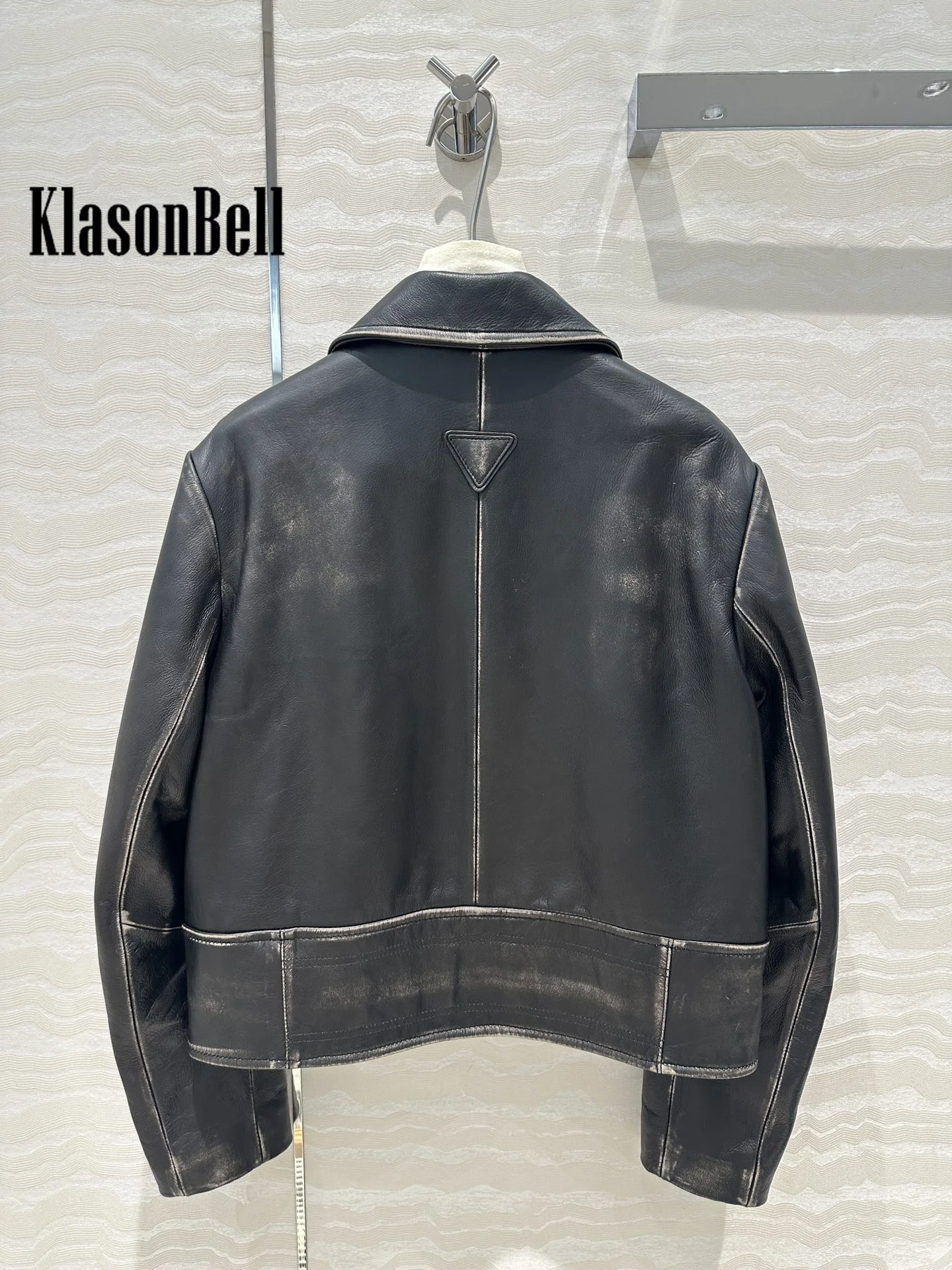 8.18 KlonasBell Women Vintage Distressed Genuine Leather Art Lapel Jacket Pocket Zipper Long Sleeve All-matches Short Coat