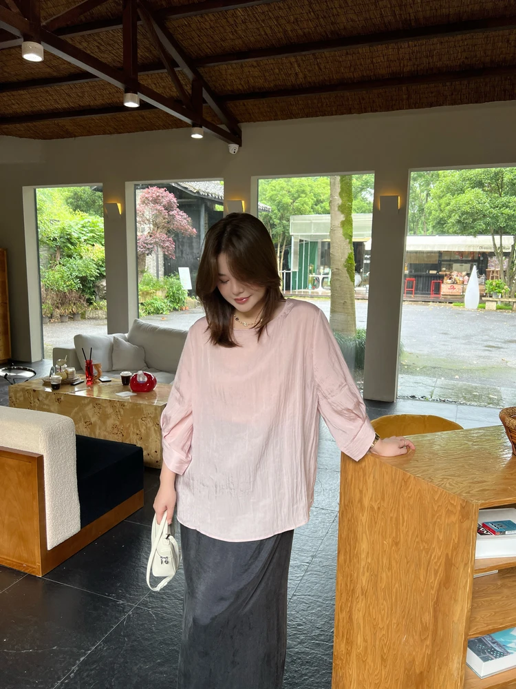 

Женская футболка свободного кроя с круглым вырезом и коротким рукавом из шелкового лиоцелла в корейском стиле, для повседневной носки, больших размеров, как нижний слой одежды