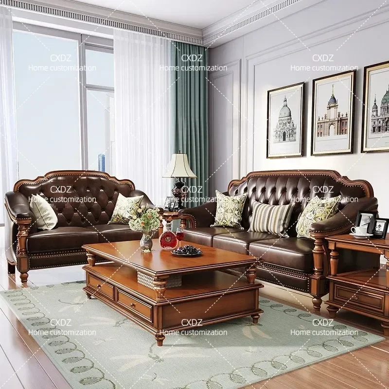 Solid wood frame leather sofa classic first layer cowhide sofa coffee table TV cabinet set