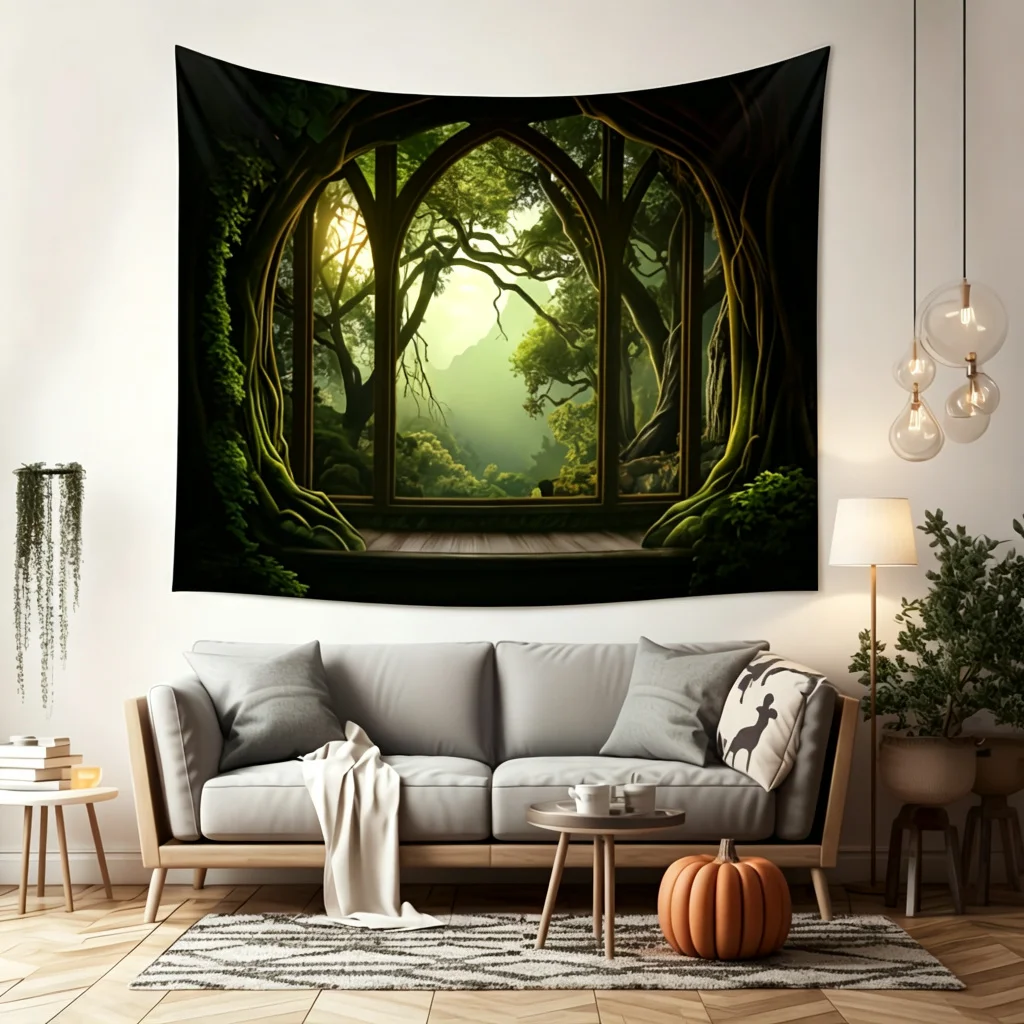 1PC Magical Forest Arch Tree Window Green Light Print Backdrop Banner, Fantasy Style, Bedroom Living Room Photo Background