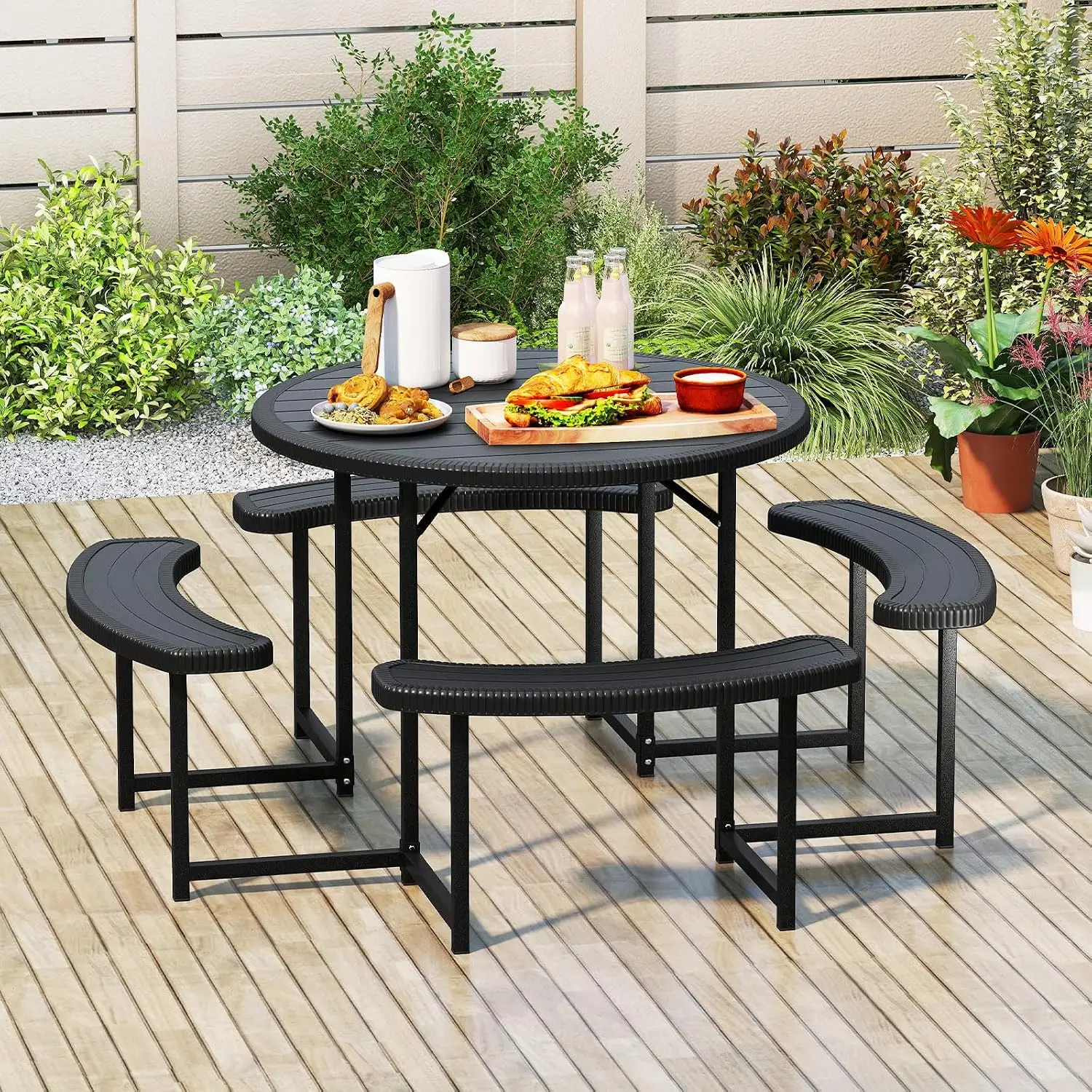 8 Person Picnic Table, HDPE Outdoor Round Table and Bench Set with 4 Built-in Benches, Umbrella Hole, Metal Frame