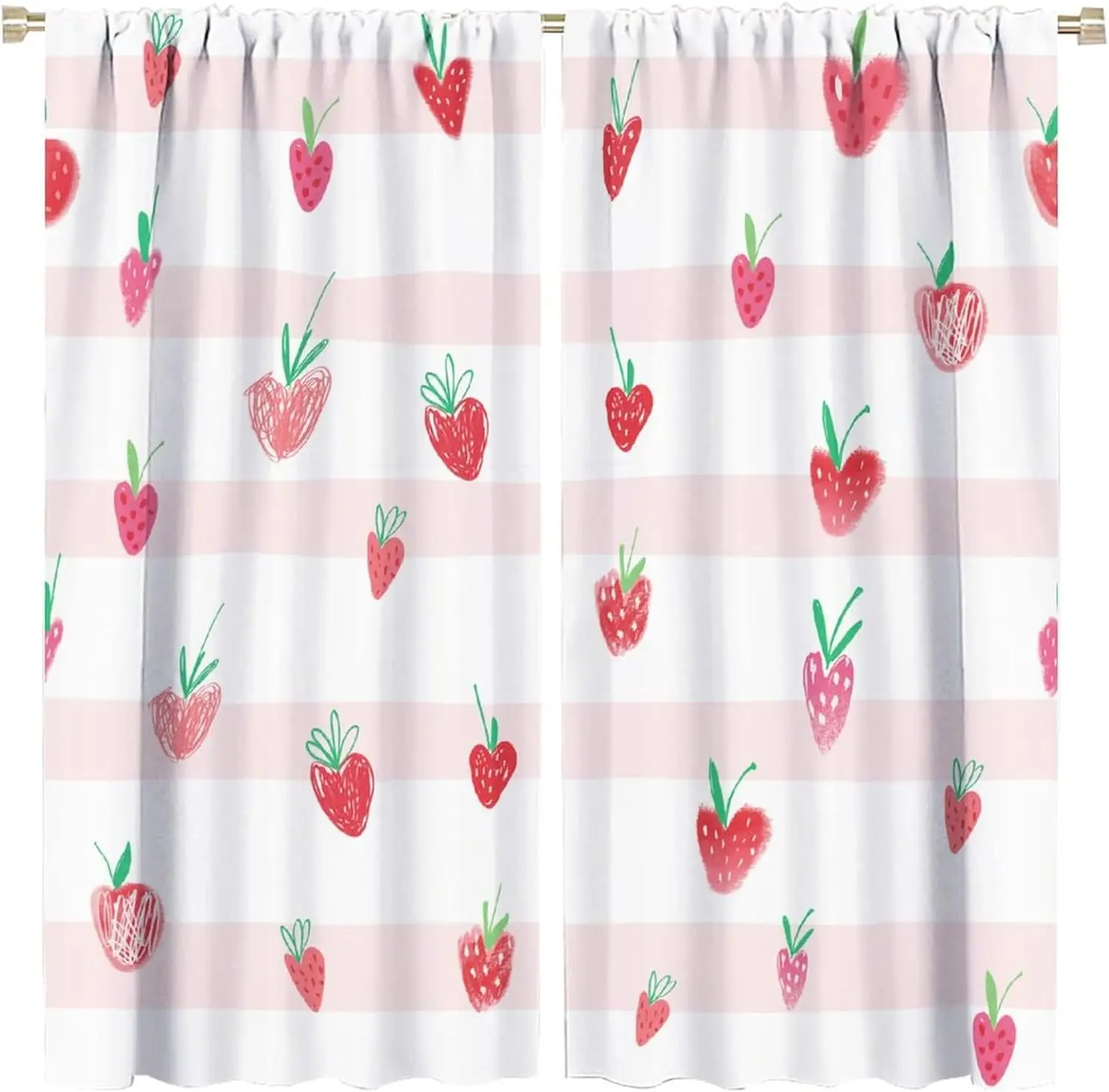 Boho Strawberries Curtains Cute Pink Bohemia Fruit Rod Pocket Blackout Window Treatment for Kitchen Living Room Girls Woman Room