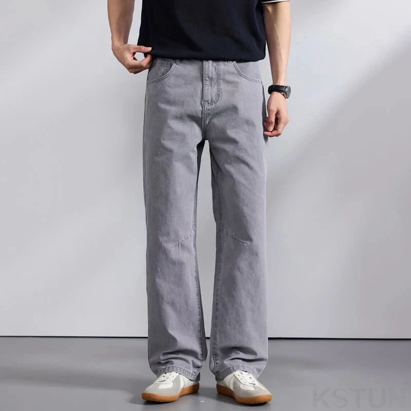 

Men's Loose Straight Jeans Gray 2026 Spring 100% Cotton Male Denim Pants Americian Vintage Business Casual Dad Trousers