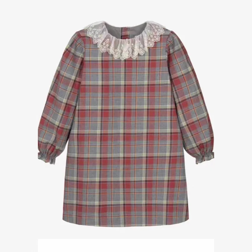 

Осенне-зимнее новое детское клетчатое платье с кружевным воротником и длинными рукавами, хлопковое тканое платье с круглым вырезом для девочек