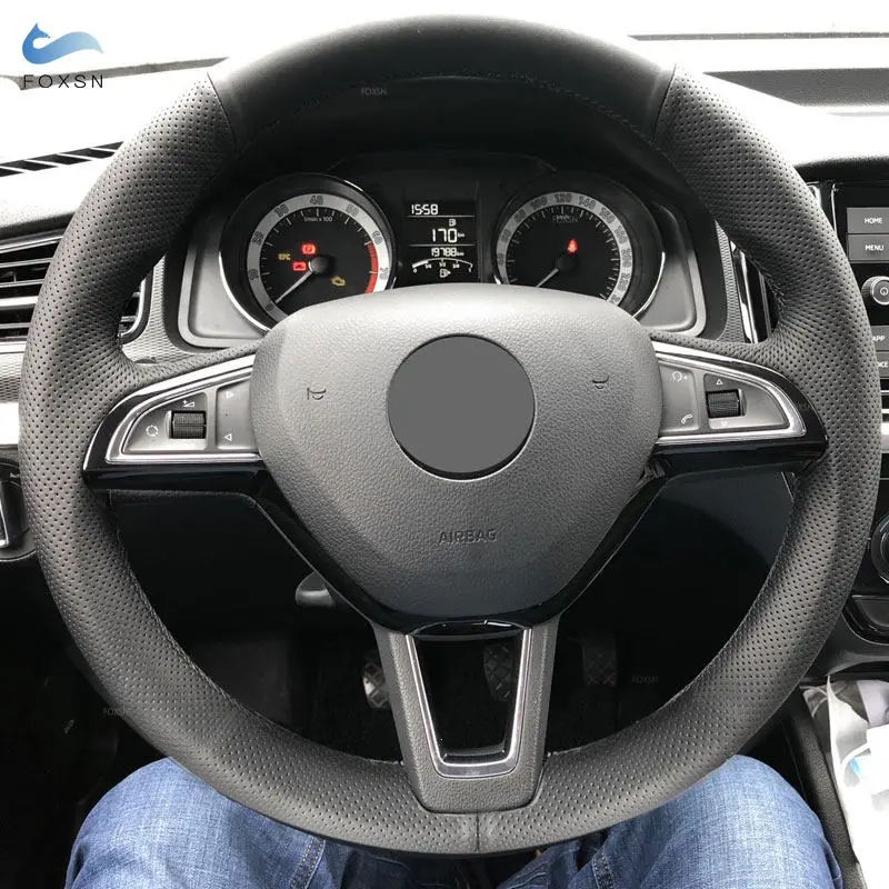 Car Steering Wheel Cover For Skoda Octavia Superb Fabia Citigo Roomster 2013-2019 Rapid Karoq Kodiaq Black Perforated Leather