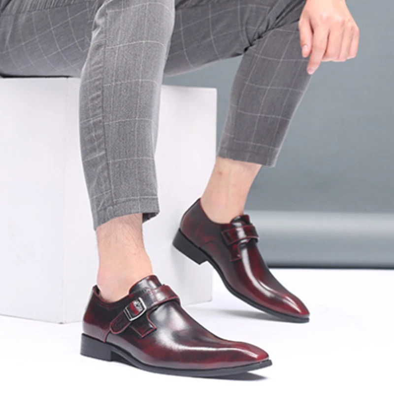 

Pointed Toe British Men's Leather Shoes Buckle Low Heel Single Shoes Large Size Gentleman's Shoes Burnished Monk Strap Shoes