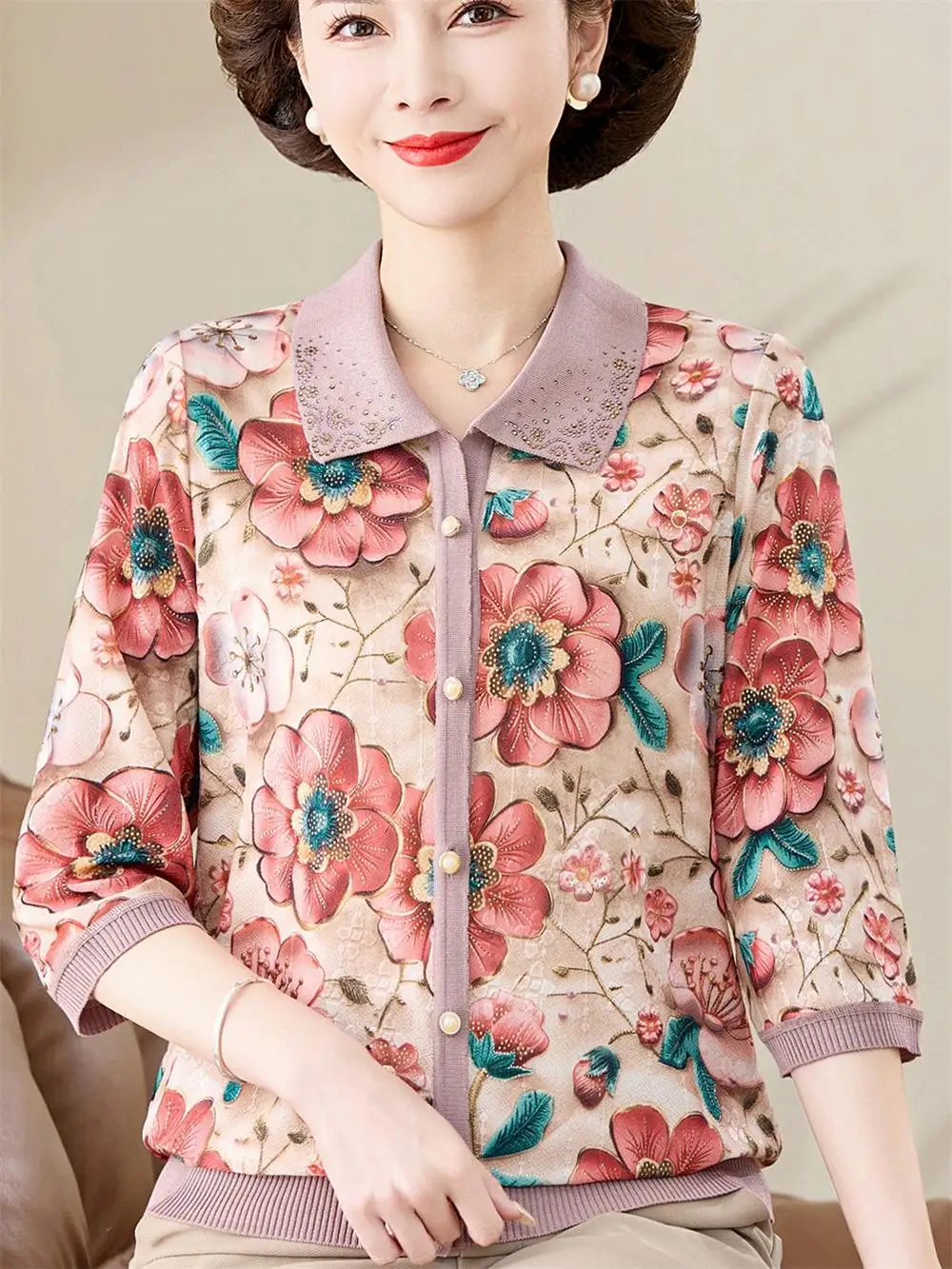 

Свободный вязаный кардиган для женщин среднего возраста, весенняя мода, тонкий свек на пуговицах, повседневная одежда с цветочным узором