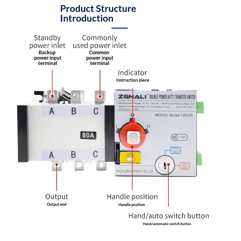 US Standard AC110V PC Level Automatic Transfer Switch ATS Split Phase Type 2P+N 3P 100A Dual Power Changeover Device