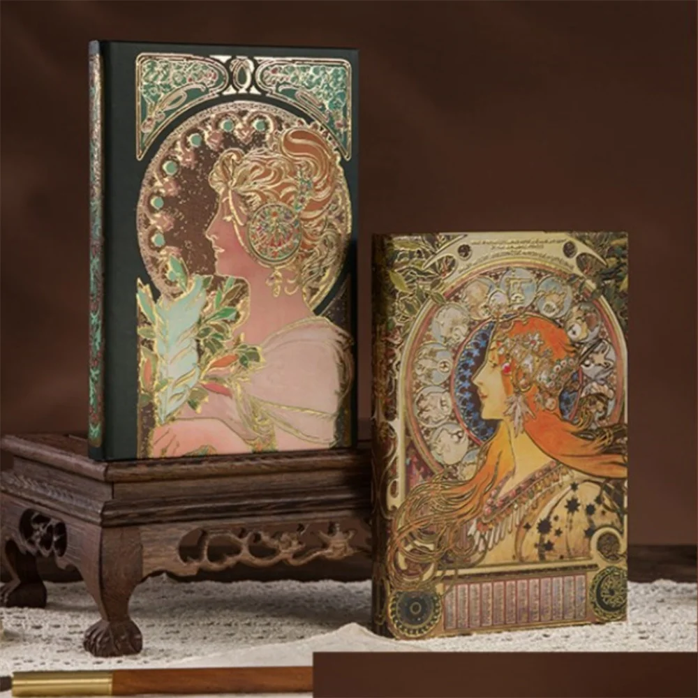 Retro A5 Notebooks,Mucha Girlish Oil Painting Hardcover Diary,Hand Ledger,Hot Stamping,Exquisite And High-Value Notepad