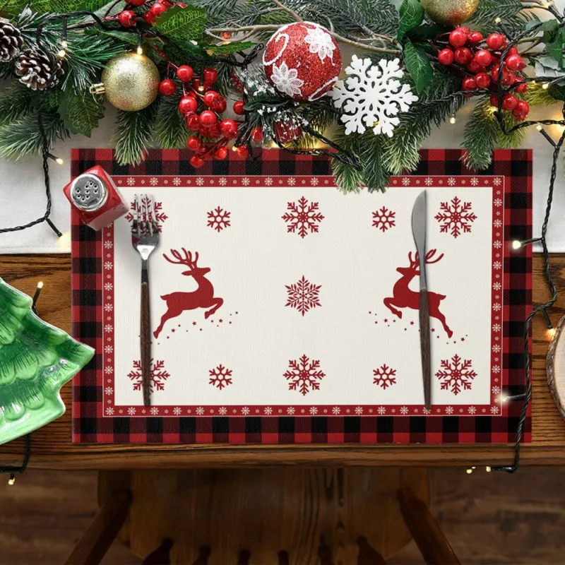 1pcs Christmas Placemats Red Black Plaid Elk Tree Printed Place Table Mat Heat-Resistant Place Mat For Xmas Home Decoration