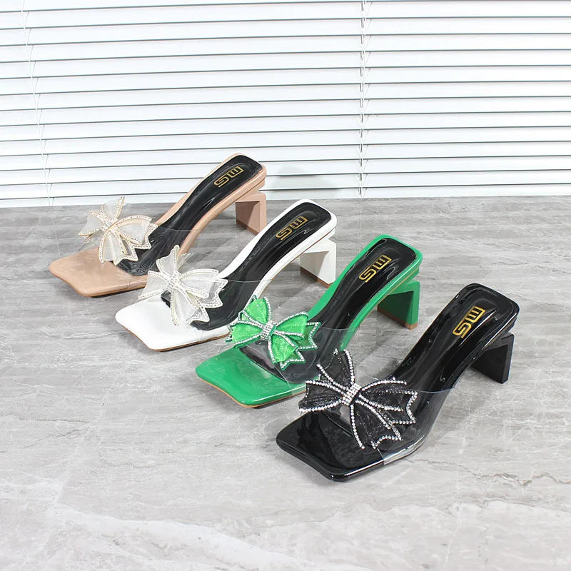 

High Heels 2024 Summer New PVC Crystal Bow Open toe High Heel Slippers Shaped Heels Outside Street Fashion Women Shoes