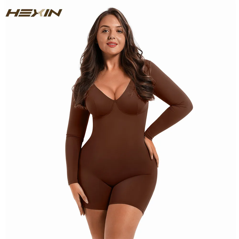 HEXIN Seamless Women's Colombisnas Flatten Abdomen Bodysuit Outer Long Sleeve Thong Body Shaper Tummy Control Shapewear