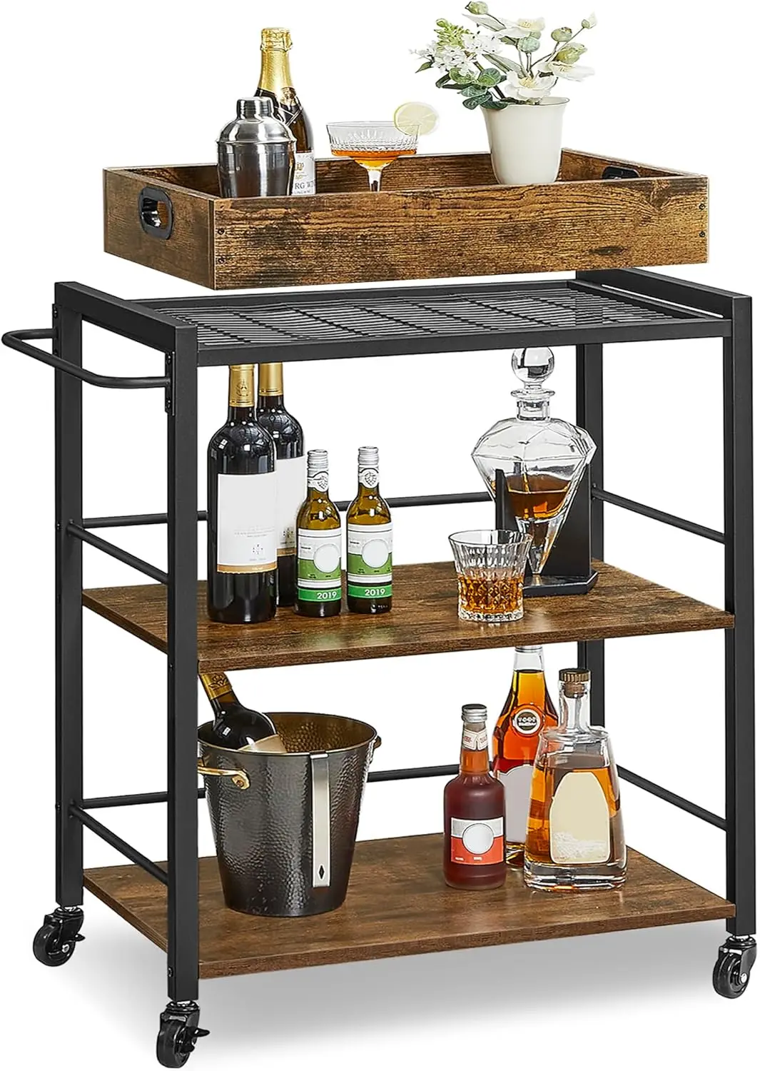 

Kitchen Serving Cart With Removable Tray, 3-Tier Kitchen Utility Cart On Wheels With Storage, With Brakes, Leveling Feet, 15.7