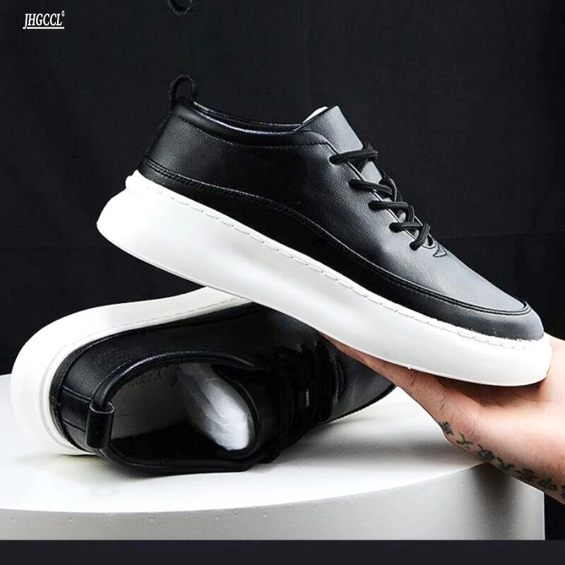 Soft sole small white shoes men's leather thick sole Korean version of sports leisure board cowhide casual elastic shoes A7