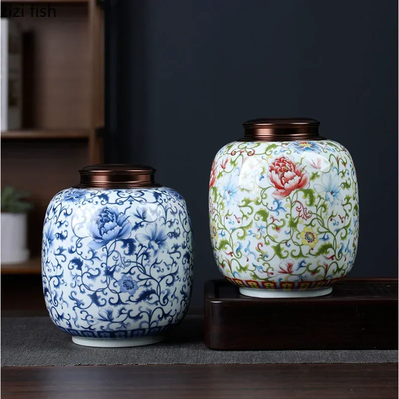 Ceramic Tea Caddy with Metal Cover Sealed Jar Storage Tank Moisture-proof Tea Box Teas Container Teas Organizer Food Storage Box