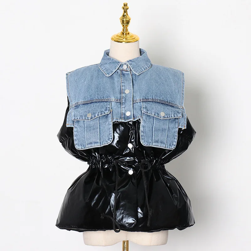 

Jeans Patchwork Jacket for Women - 2025 Spring New Fashion Style Casual Collared Blazer Short Sleeve Cotton Jacket Top