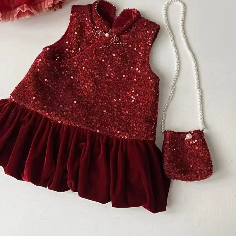 

Kids Girls' Red Dress Autumn/Winter Children's Sparkling Velvet Dress Cheongsam Christmas Dress 80-130CM