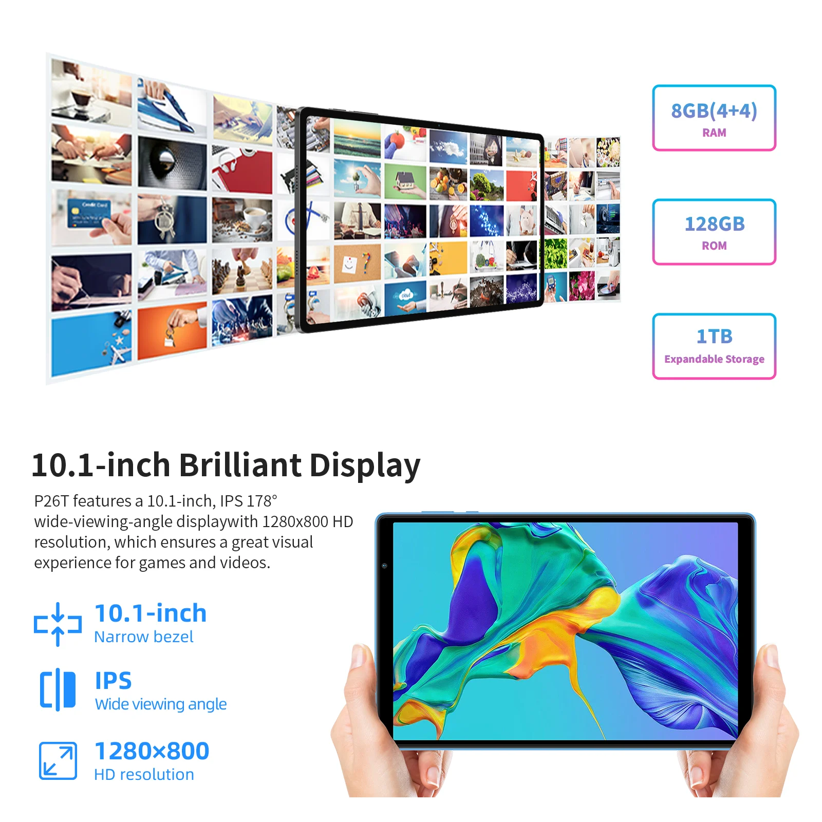 TECLAST P26T tablet, (4 + 4)Max.8GB RAM, 128GB ROM, 10,1 inch, Allwinner A523, 8 cores, Android 13, Mali-G57, 6000mah, 5MP + 2MP, supports TF up to