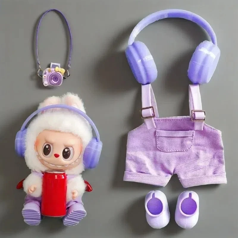 

Clothes for 15/17cm Labubu Denim overalls Work pants New Cola Series Red headphones Clothing set Dress-up toys waist bag