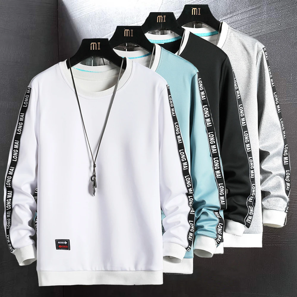 Crewneck Sweatshirts Men Korean Fashion Slim Fit Casual Men Side Striped Crew Neck Sweatshirts Hip Hop