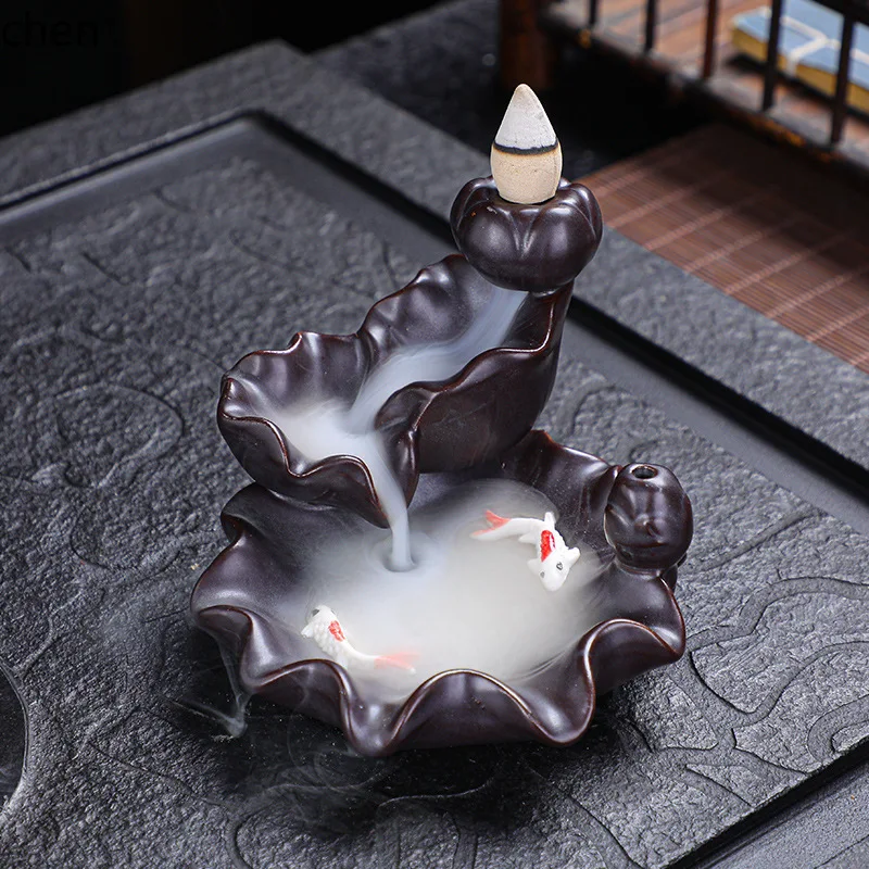 CZ Backflow Incense Burner Creative Home Decor Ceramic Craft Zen Ornament Double Fish Backflow Sandalwood Ornament