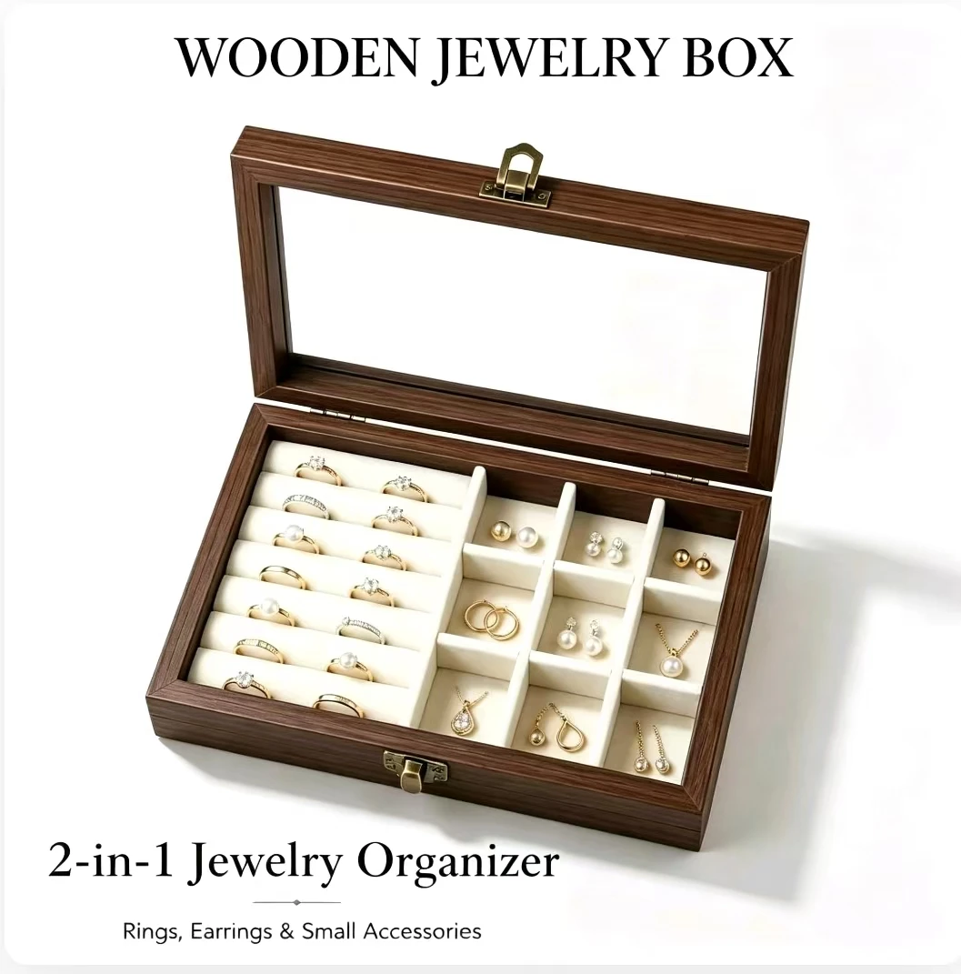 Bedroom Desktop Walnut Pattern Velvet Jewelry Organizer, Korean Hard Jewelry Storage Box for Necklace Earring Ring